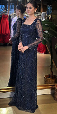 Gece Mavisi Kare Yaka Uzun Kollu Kloş Etekli  Pullu Boncuklu Uzun Abiye Elbise 11047-11