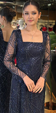 Gece Mavisi Kare Yaka Uzun Kollu Kloş Etekli  Pullu Boncuklu Uzun Abiye Elbise 11047-11