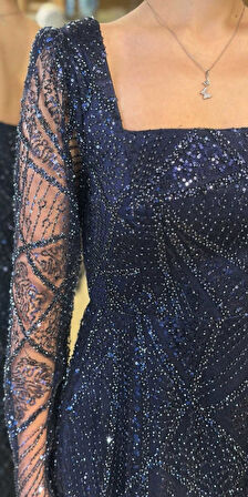 Gece Mavisi Kare Yaka Uzun Kollu Kloş Etekli  Pullu Boncuklu Uzun Abiye Elbise 11047-11