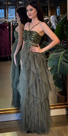 Olive İp Askılı  Bel Dekolteli Kloş Etekli Likralı Tül Uzun Abiye Elbise 11048-04