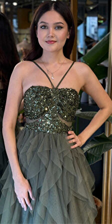 Olive İp Askılı  Bel Dekolteli Kloş Etekli Likralı Tül Uzun Abiye Elbise 11048-04