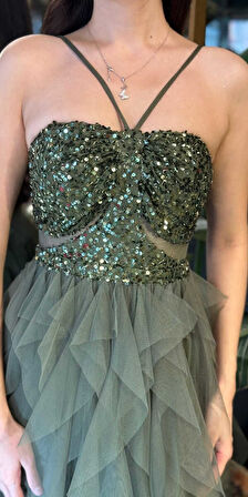 Olive İp Askılı  Bel Dekolteli Kloş Etekli Likralı Tül Uzun Abiye Elbise 11048-04