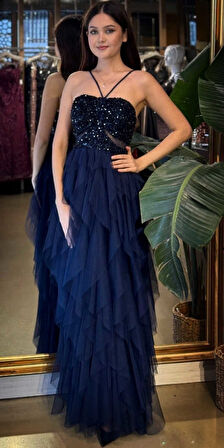 Lacivert İp Askılı  Bel Dekolteli Kloş Etekli Likralı Tül Uzun Abiye Elbise 11048-02