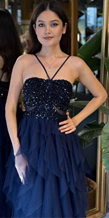 Lacivert İp Askılı  Bel Dekolteli Kloş Etekli Likralı Tül Uzun Abiye Elbise 11048-02