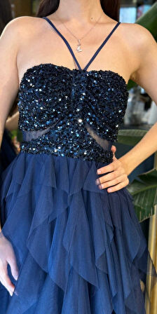 Lacivert İp Askılı  Bel Dekolteli Kloş Etekli Likralı Tül Uzun Abiye Elbise 11048-02