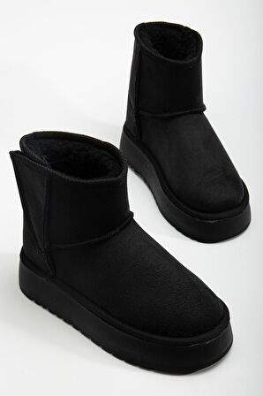  Mini Cırtcırtlı Siyah Süet Yarım Bot içi Tüylü Düz Taban Kadın Ayakkabı  