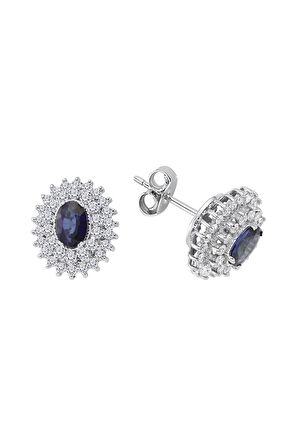 Çift Sıra Pırlanta ve Oval Safir Taşlı Anturaj Küpe