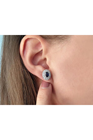 Çift Sıra Pırlanta ve Oval Safir Taşlı Anturaj Küpe