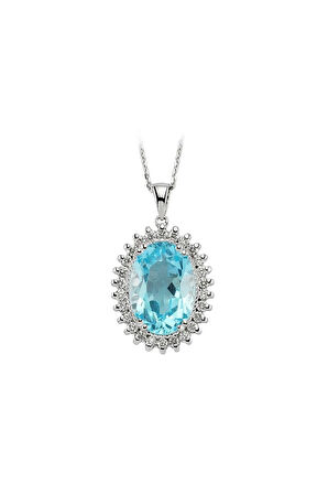 Kadın Oval Mavi Topaz Taşlı Pırlanta Anturaj Kolye