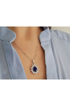 Pırlanta Ve Damla Safir Taşlı Anturaj Kolye