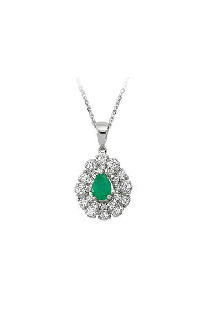 Kadın Beyaz Damla Zümrüt Taşlı Anturaj Pırlanta Kolye 14 Ayar 3,50 gr 0,50 karat