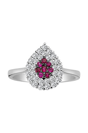 Yakut ve Çift Sıra Pırlanta Taşlı Anturaj Yüzük