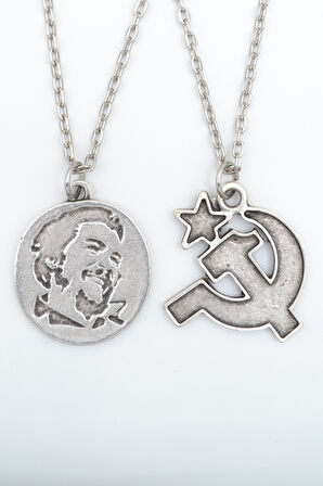 2'li Che Guevare Madalyon - Orak Çekiç Gümüş Kaplama Kolye Seti