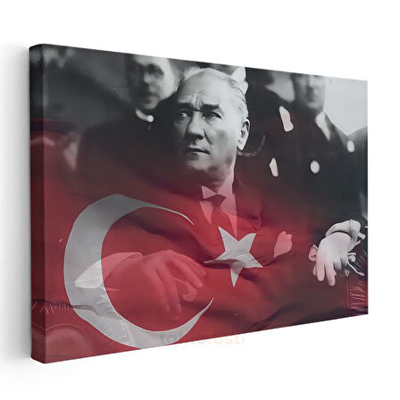Bayrak Efektli Atatürk - Kırmızı Tonlu Portre Kanvas Tablo