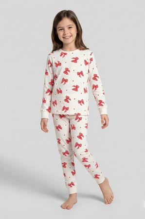 Ekru Renk Kırmızı Fiyonk Baskılı Kız Çocuk Pijama Takımı 