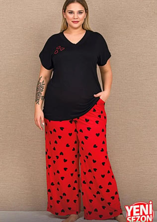 Lady Büyük Beden Kadın Viskon Pijama Takımı Yumuşak Kumaş Kalp Desenli Yazlık Rahat Ev Pijaması 11054