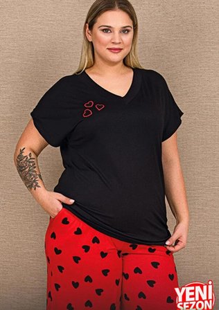 Lady Büyük Beden Kadın Viskon Pijama Takımı Yumuşak Kumaş Kalp Desenli Yazlık Rahat Ev Pijaması 11054
