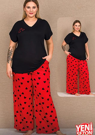 Lady Büyük Beden Kadın Viskon Pijama Takımı Yumuşak Kumaş Kalp Desenli Yazlık Rahat Ev Pijaması 11054