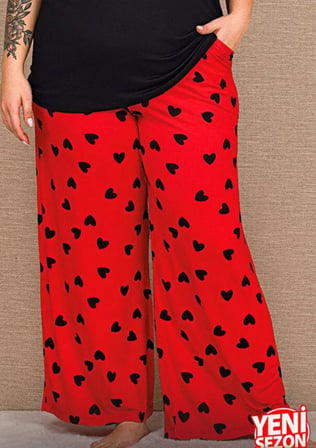 Lady Büyük Beden Kadın Viskon Pijama Takımı Yumuşak Kumaş Kalp Desenli Yazlık Rahat Ev Pijaması 11054