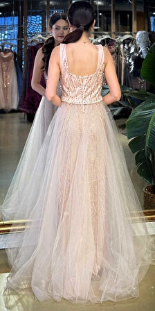 Pudra Renk Kare Yaka Kalın Askı Çıkarılabilir Kuyruk Pullu Boncuklu Uzun Abiye Elbise 11055-02