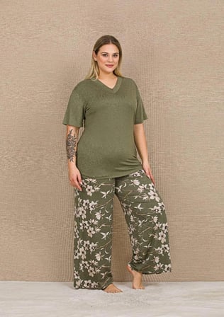 LAdy Pijama Kısa Kollu Büyük Beden Viskon Kumaş Haki Pijama Takımı