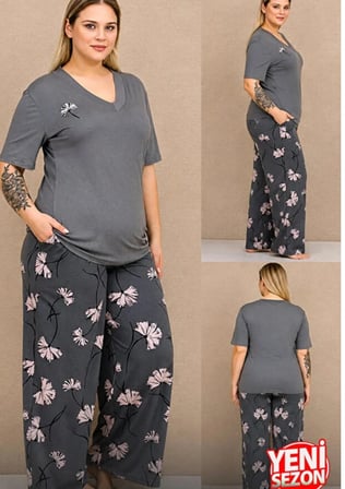 Lady Büyük Beden Gri Çiçek Desenli V Yaka Kısa Kollu Rahat Kesim İkili Pijama Takımı 11058