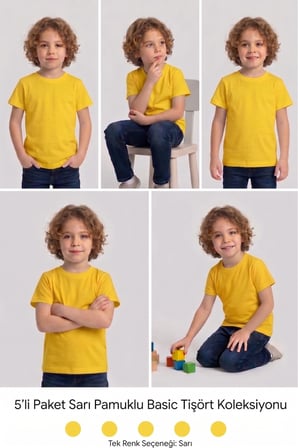 Çocuk T-shirt 5'li Paket Sarı Pamuklu Likralı Tişört