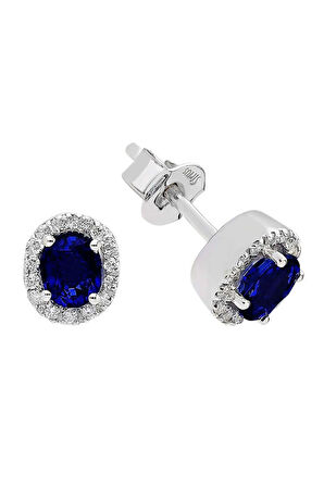 Pırlanta ve Oval Safir Taşlı Küpe