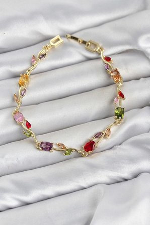 Pirinç Mix Renk Zirkon Taşlı Çiçek Kadın Bileklik (Gold Renk)