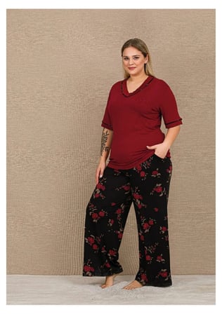 Lady Büyük Beden Kadın Viskon Pijama Takımı Yumuşak Kumaş Gül Desenli Yazlık Rahat Ev Pijaması 11064
