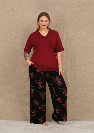 Lady Büyük Beden Kadın Viskon Pijama Takımı Yumuşak Kumaş Gül Desenli Yazlık Rahat Ev Pijaması 11064