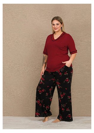 Lady Büyük Beden Kadın Viskon Pijama Takımı Yumuşak Kumaş Gül Desenli Yazlık Rahat Ev Pijaması 11064