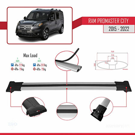 Ram Promaster City (636) 2015-2022 Arası ile Uyumlu FLY Model Ara Atkı Tavan Barı Gri 3 Adet