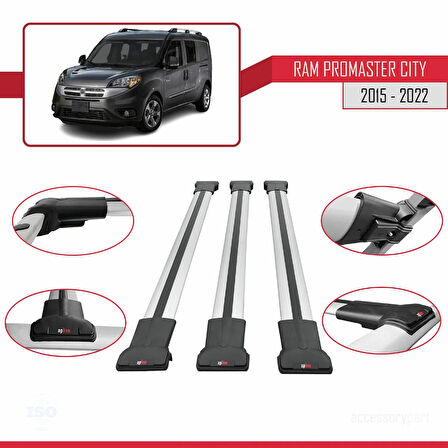 Ram Promaster City (636) 2015-2022 Arası ile Uyumlu FLY Model Ara Atkı Tavan Barı Gri 3 Adet