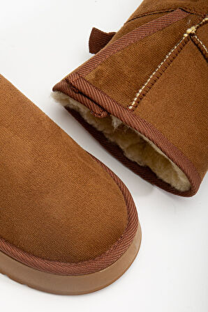  Mini Cırtcırtlı Taba Süet Yarım Bot içi Tüylü Düz Taban Kadın Ayakkabı   