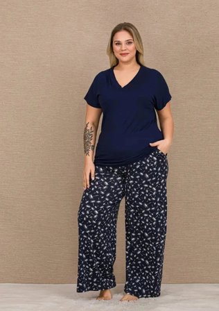 Lacivert Renk, 11066 Kısa Kol Kadın Büyük Beden Anne Pijama Takımı