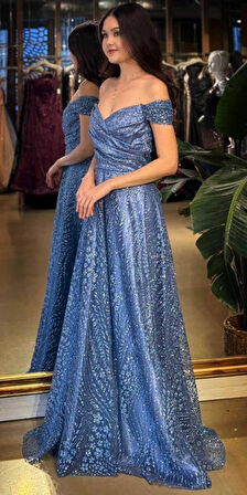 İndigo Madonna Yaka Sırt Dekolteli  Kloş Etekli  Simli Uzun Abiye Elbise 11066-03