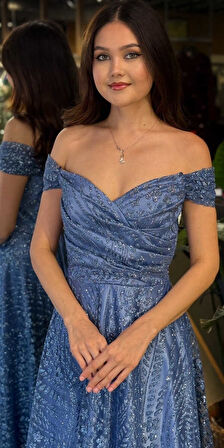 İndigo Madonna Yaka Sırt Dekolteli  Kloş Etekli  Simli Uzun Abiye Elbise 11066-03