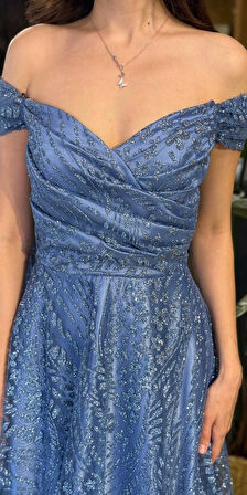 İndigo Madonna Yaka Sırt Dekolteli  Kloş Etekli  Simli Uzun Abiye Elbise 11066-03