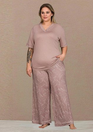 Lady Pudra Pembe Büyük Beden Pijama Takımı Alt Üst