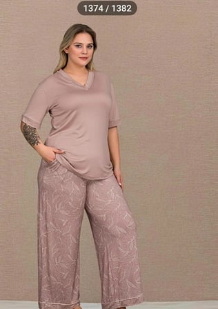 Lady Pudra Pembe Büyük Beden Pijama Takımı Alt Üst