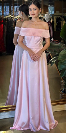 Pembe Madonna Yaka Kloş Etekli  Saten Uzun Abiye Elbise 11067-06