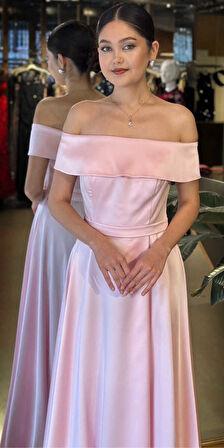 Pembe Madonna Yaka Kloş Etekli  Saten Uzun Abiye Elbise 11067-06