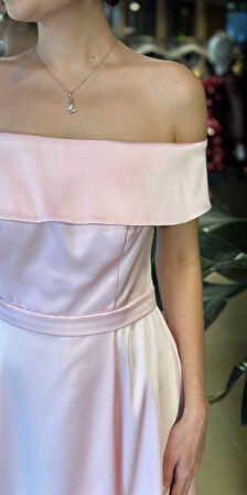 Pembe Madonna Yaka Kloş Etekli  Saten Uzun Abiye Elbise 11067-06