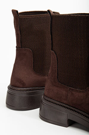 Kadın Kalın Taban Kahverengi Süet Elastik Yan Bantlı Günlük Bot 