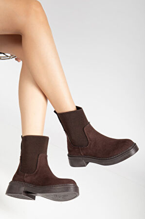 Kadın Kalın Taban Kahverengi Süet Elastik Yan Bantlı Günlük Bot 