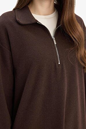 DeFacto Loose Fit Fermuarlı Polo Yaka Selanik Kumaş Basic Düz Uzun Kollu Midi Elbise F1640AX25SPBN595
