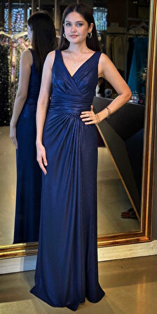 Lacivert Kalın Askı V Yaka Anvelop  Yırtmaçlı Düz Kesim Simli Uzun Abiye Elbise 11074