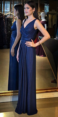 Lacivert Kalın Askı V Yaka Anvelop  Yırtmaçlı Düz Kesim Simli Uzun Abiye Elbise 11074