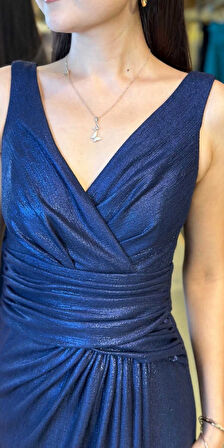 Lacivert Kalın Askı V Yaka Anvelop  Yırtmaçlı Düz Kesim Simli Uzun Abiye Elbise 11074